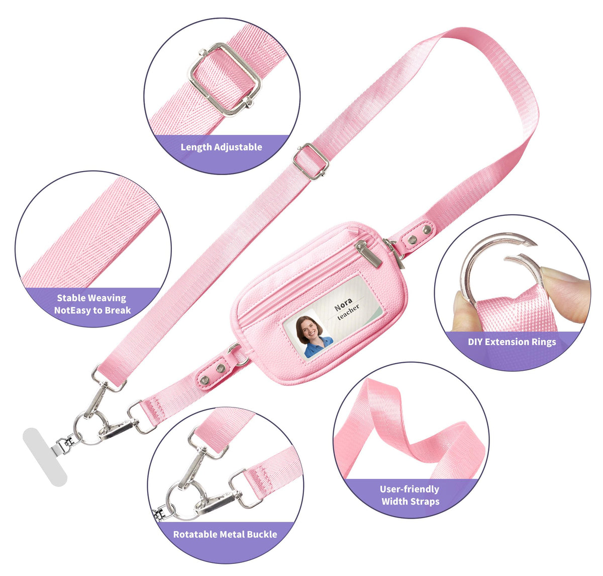 Gowjaw Pink Crossbody Lanyard Teacher Phone Strap with ID Window Keyring