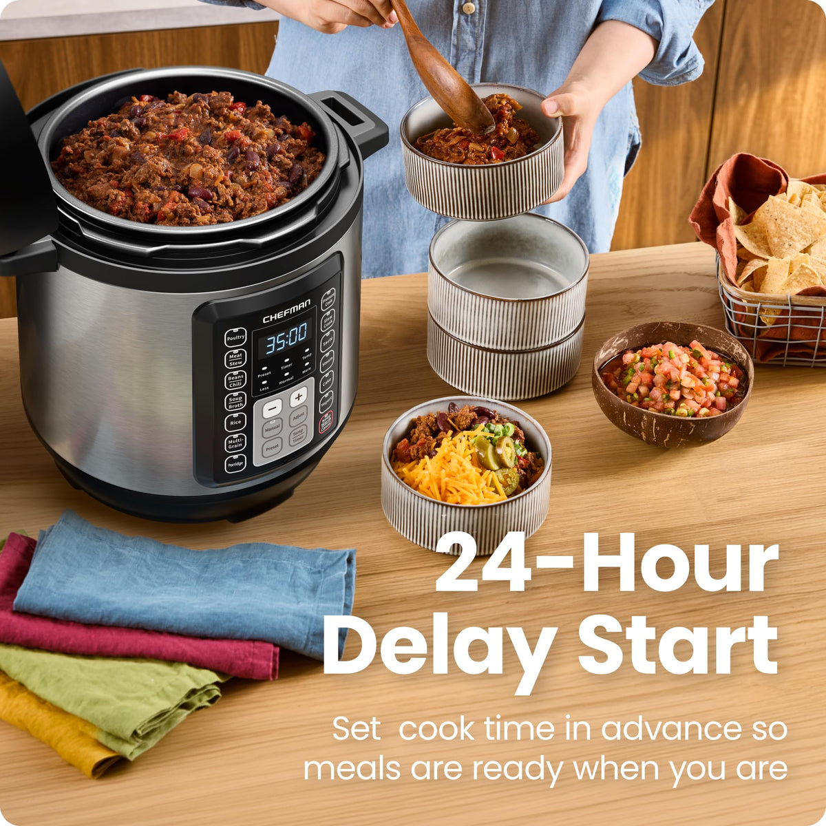 Chefman 13-in-1 Electric Pressure Cooker, 6-Quart Multicooker with Touchscreen Controls, Slow Cooker, Steamer, Sauté, Soup, Chili, Delay Start & Keep Warm, Stainless Steel