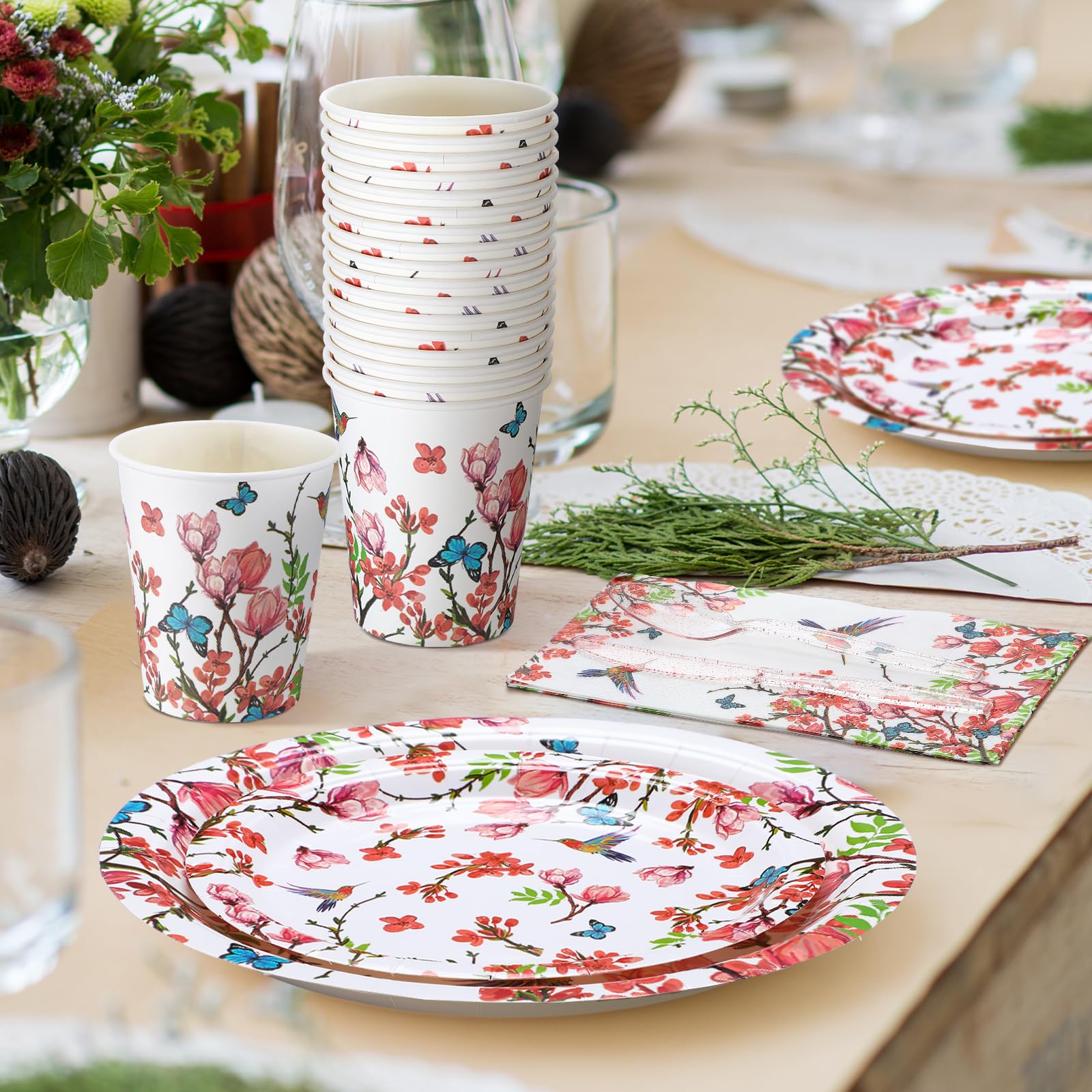 Sinmoe 400 Pcs Spring Plates Napkins Disposable Dinnerware Set Multicolor Bird