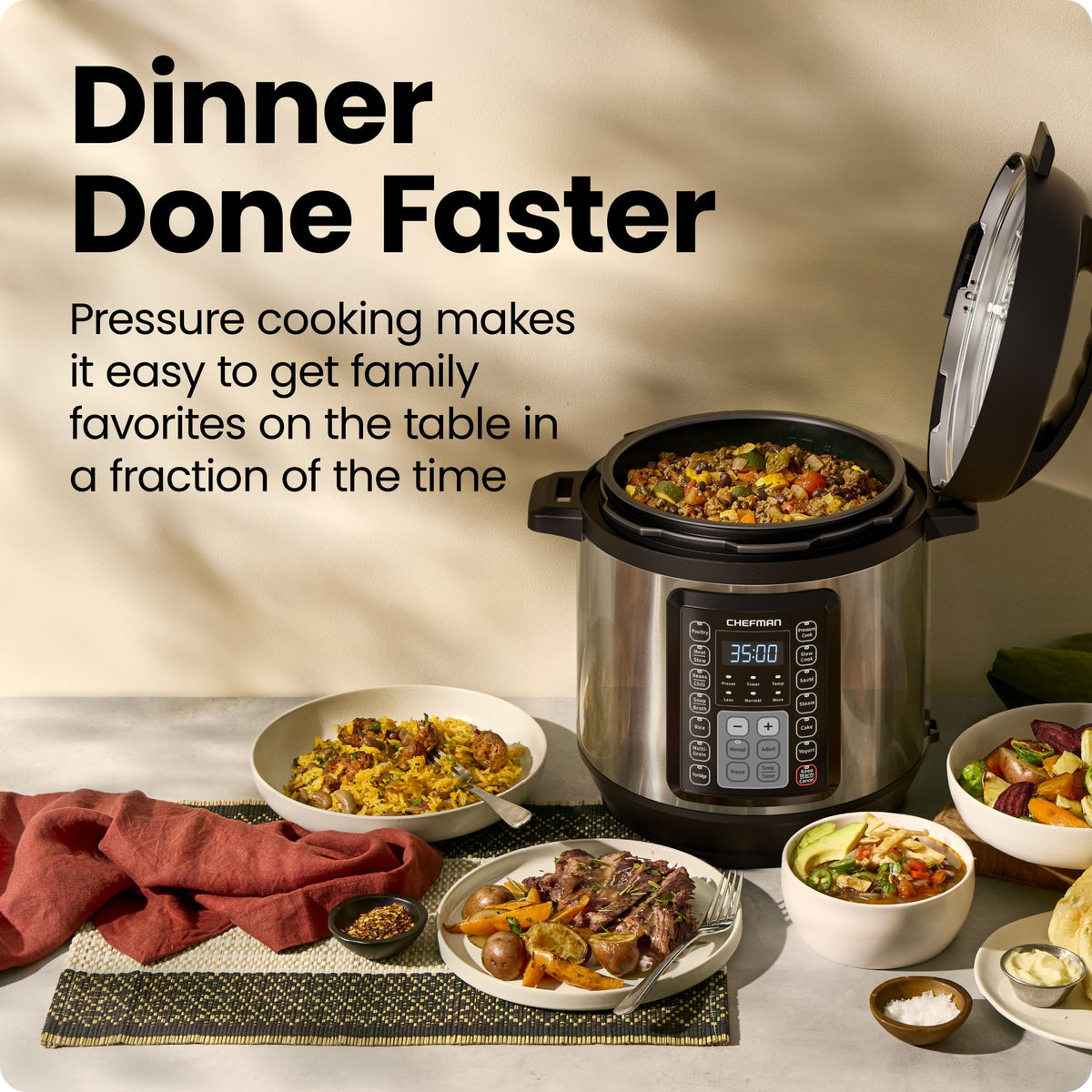 Chefman 13-in-1 Electric Pressure Cooker, 6-Quart Multicooker with Touchscreen Controls, Slow Cooker, Steamer, Sauté, Soup, Chili, Delay Start & Keep Warm, Stainless Steel