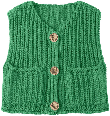 UEU Women's V Neck Crochet Sweater Vest Sleeveless Cardigan Green Size M