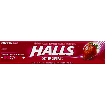 Halls Relief Strawberry Flavor Cough Suppressant & Oral Anesthetic Drops 9 Ct Pack