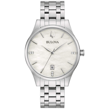 Bulova Ladies Classic Diamond Dial Stainless Steel 3-Hand Calendar Date Quartz Watch White Mother-of-Pearl Style: 96P220