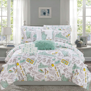 9-Piece Set: Liberty Reversible Comforter Set New York Theme Printed Design Bed