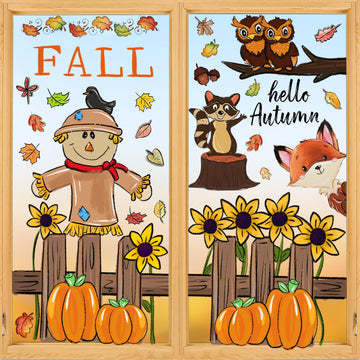 OWUH Fall Window Clings 6 Sheets Pumpkin Maple Leaves Scarecrow Brown