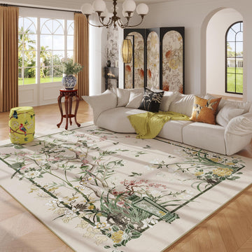 Vowkten 5x7 Chinoiserie Floral Vintage Washable Rug Non Slip Beige