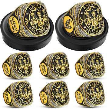 Highergo Halloween Skeleton Trophy Rings Set 6pcs with Neck Chain Stand
