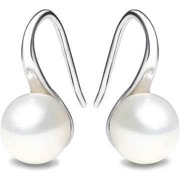 925 Sterling Silver 7.5-8mm White Freshwater Cultured Pearl Dangle Drop Earrings