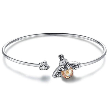 925 Sterling Silver  Bee Shape Cubic Zirconia and Austria Crystal Cuff Bracelet