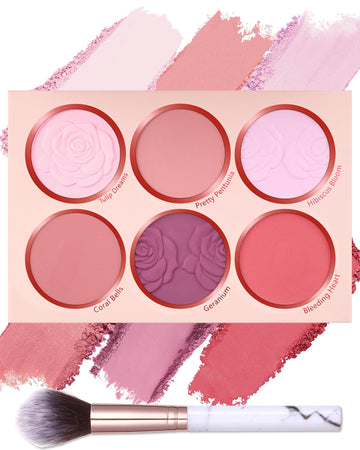 Matte Face Blush Palette with Brush-6 Colors Pink Purple Silky Mineral Blendable Blusher Contour Powder for CheeksLonglasting Facial Beauty CosmeticValentines Day Makeup Gift for Women Girl-Set 01