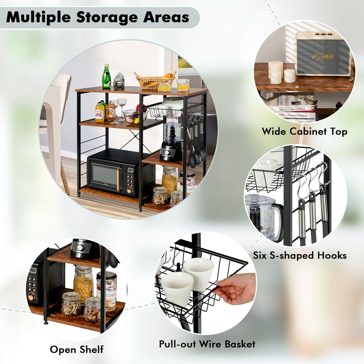 Industrial Kitchen Baker's Rack Microwave Shelf with 6 Hooks