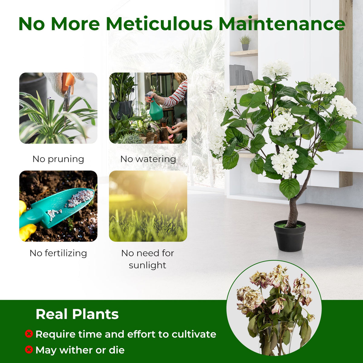 Artificial Hydrangea Tree Fake Floral Plant with 11 White Flowers-White