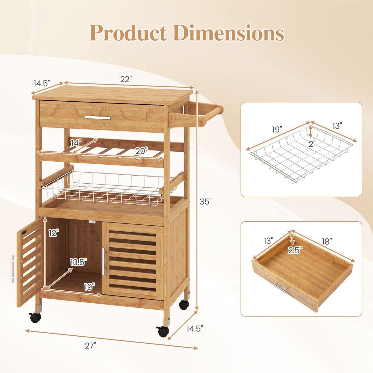 Rolling Kitchen Island Cart with Wine Rack and Storage