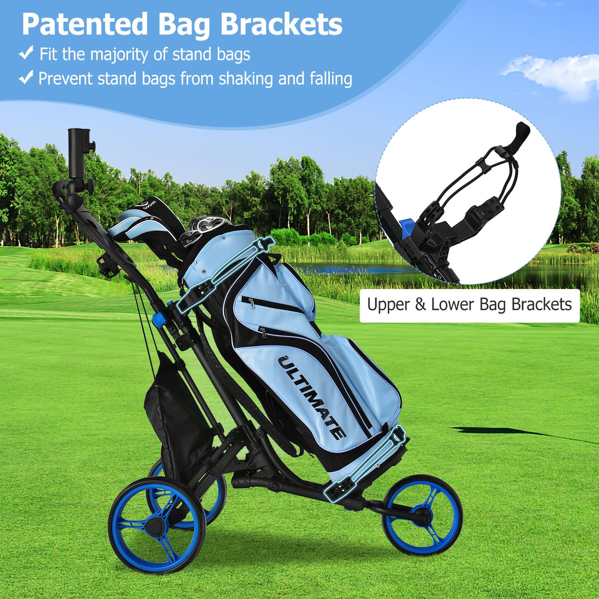 Folding 3 Wheels Golf Push Cart with Bag Scoreboard Adjustable Handle