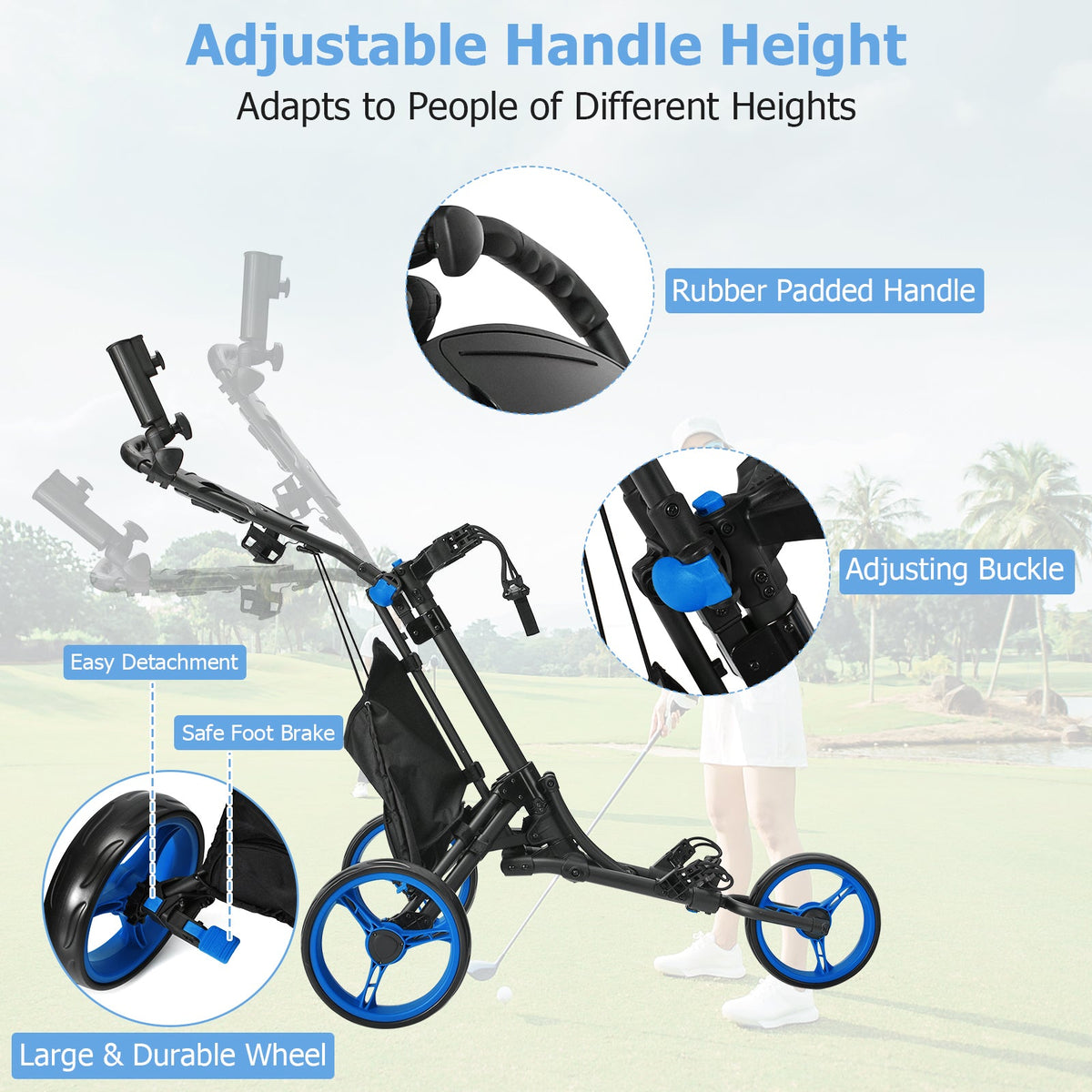 Folding 3 Wheels Golf Push Cart with Bag Scoreboard Adjustable Handle