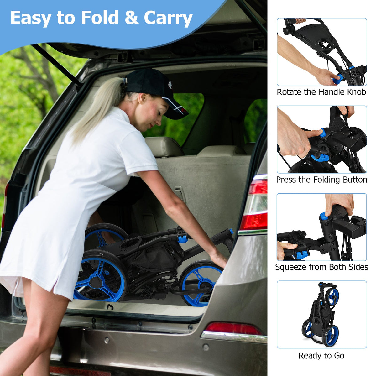 Folding 3 Wheels Golf Push Cart with Bag Scoreboard Adjustable Handle