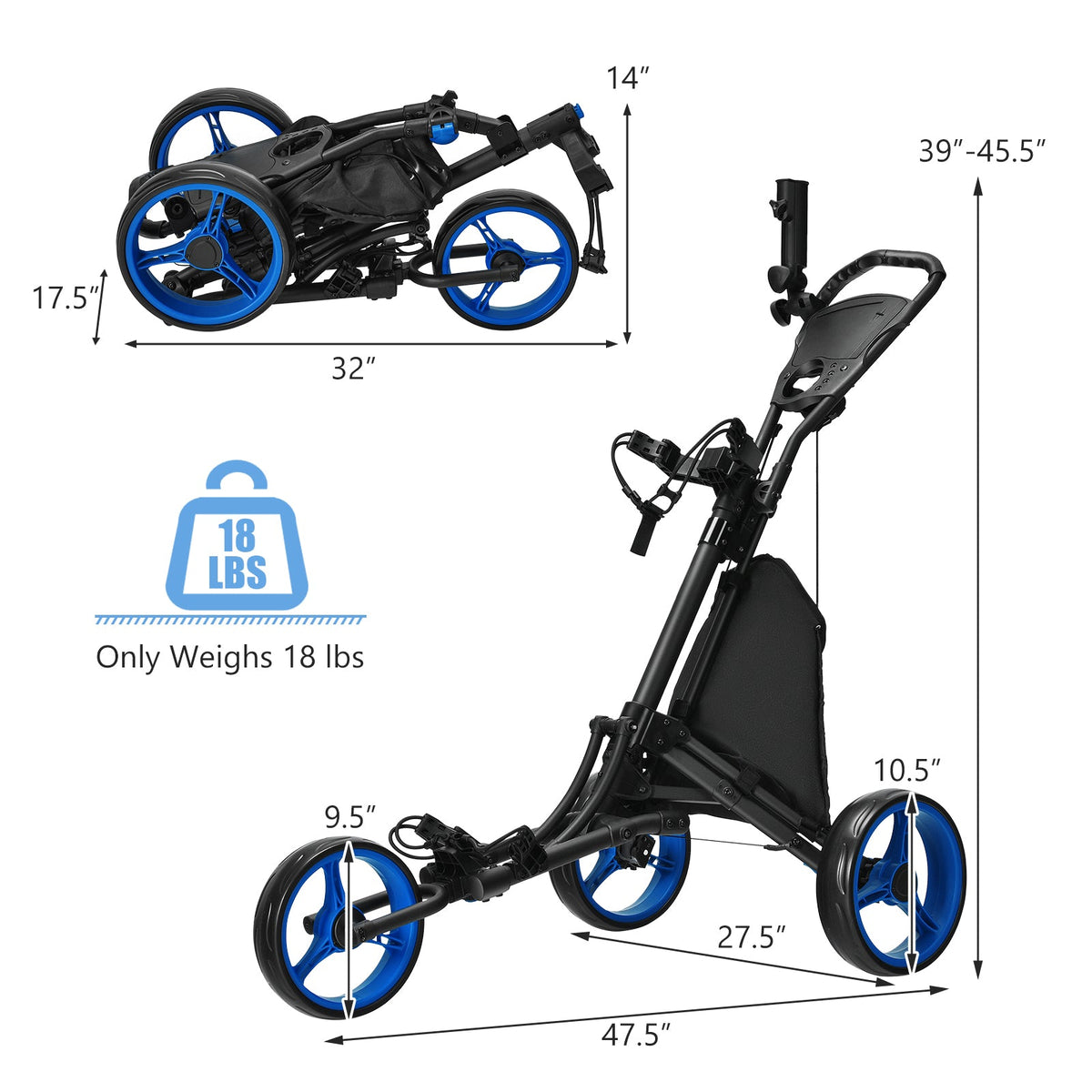 Folding 3 Wheels Golf Push Cart with Bag Scoreboard Adjustable Handle