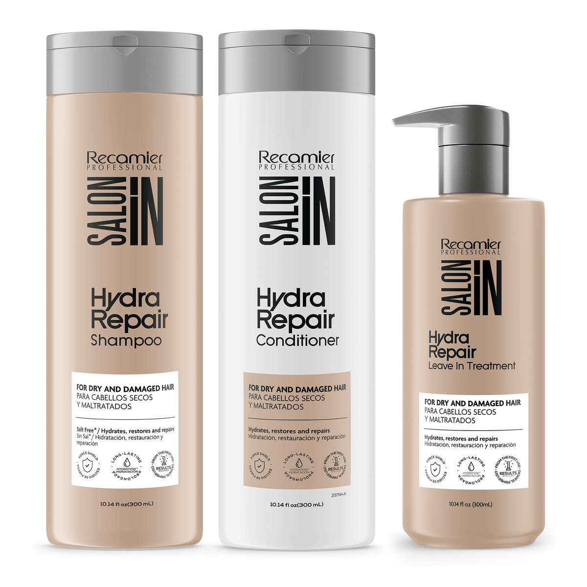 Recamier Salon In Hydra Repair 3-Piece Kit - Shampoo, Conditioner & Free Leave-In, 10.1 oz (300 ml) Each
