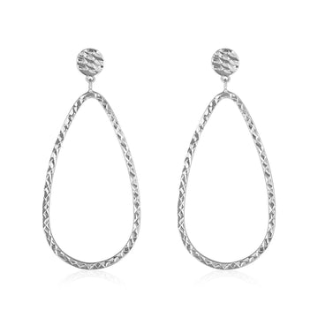 14k White Gold Textured Teardrop Motif Post Earrings