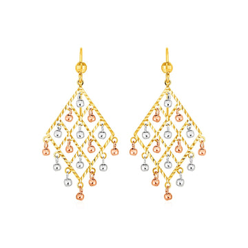 Textured Chandelier Earrings with Ball Drops in 14k Tri Color Gold
