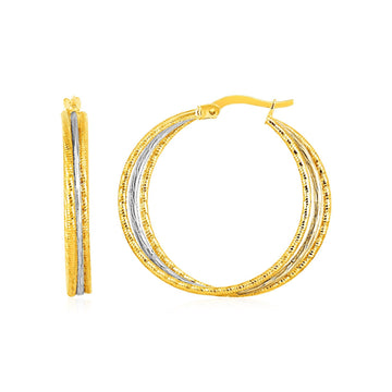 Three Part Textured Hoop Earrings in 14k Yellow and White Gold
