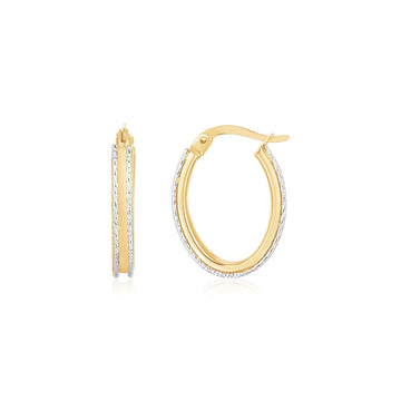 14K Two Tone Gold Diamond Cut Oval Hoop Earrings