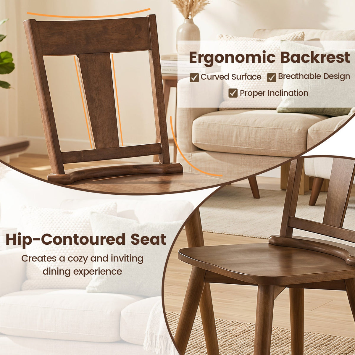Solid Wood Dining Chairs Set of 4 with Curved Backrest
