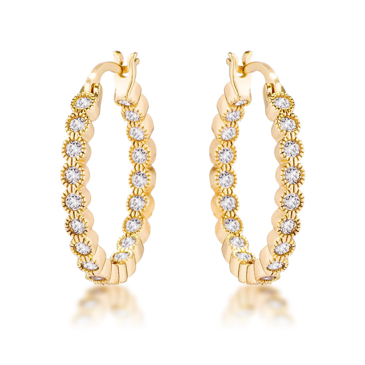 Dotted CZ Round Bezel Hoop Earrings