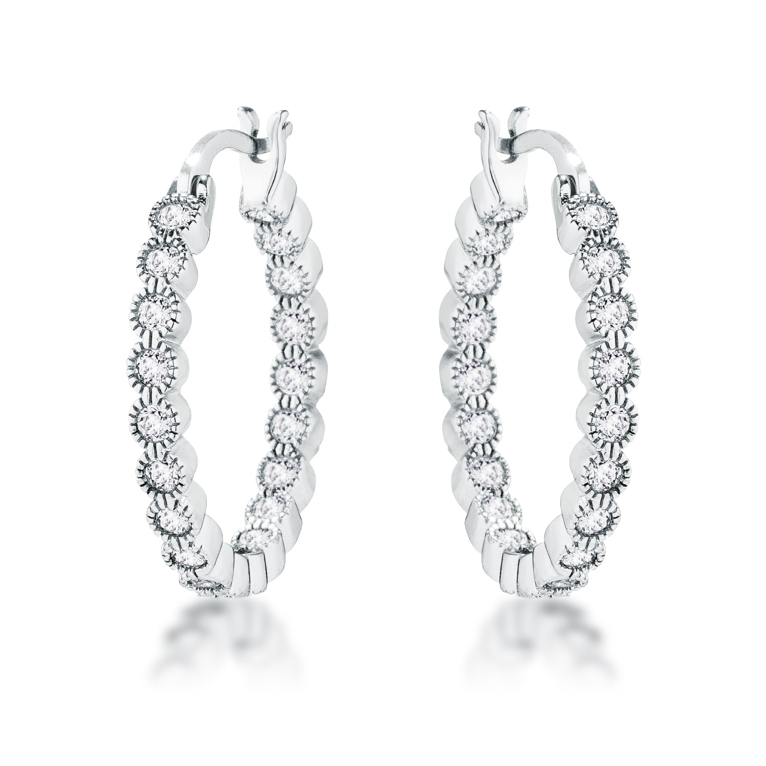 Dotted CZ Round Bezel Hoop Earrings