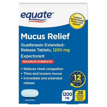 Equate Maximum Strength Mucus ER – 1200 mg Guaifenesin – 12-Hour Extended Release, 28 Tablets
