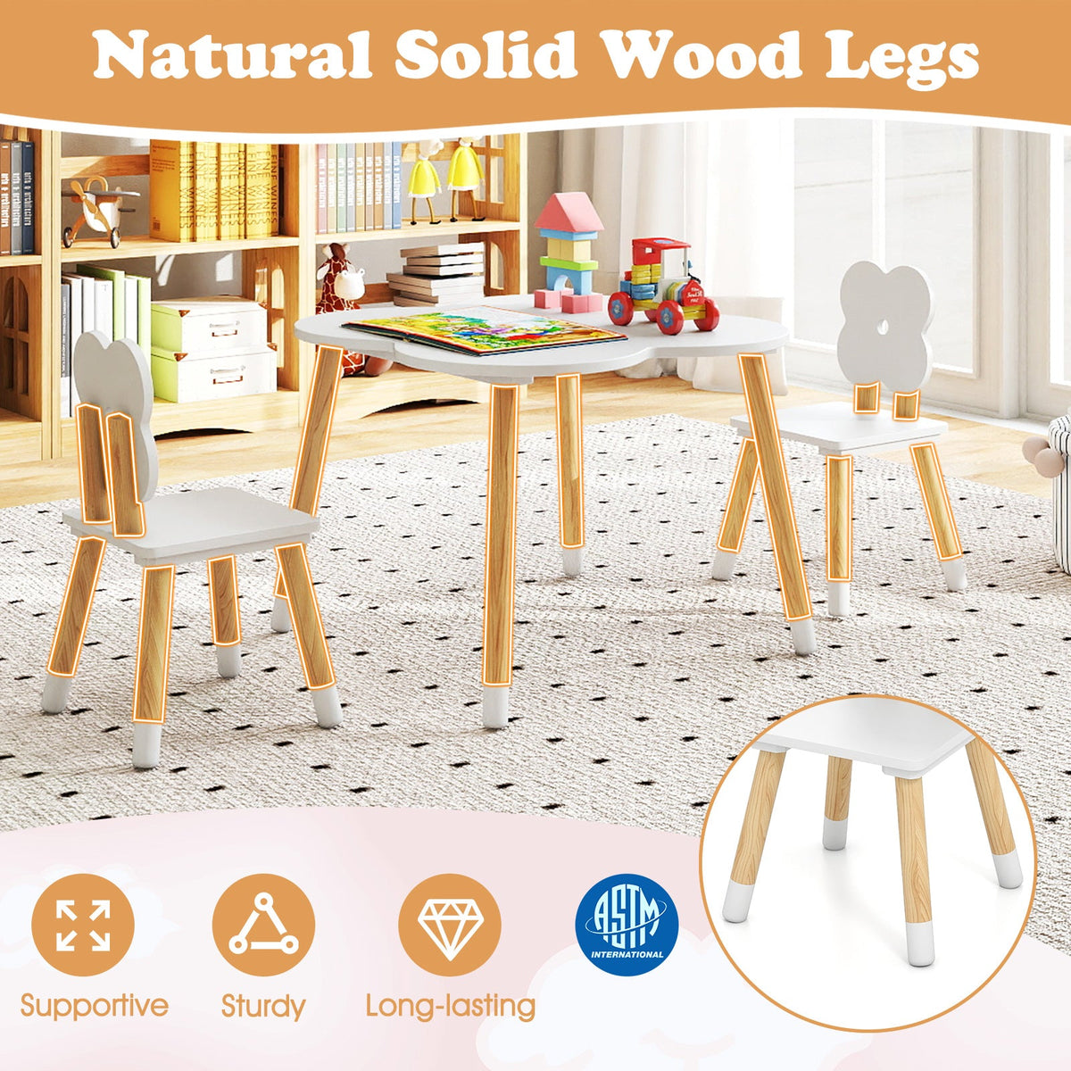 Flower-shaped Kids Table Set with Solid Pine Wood Legs