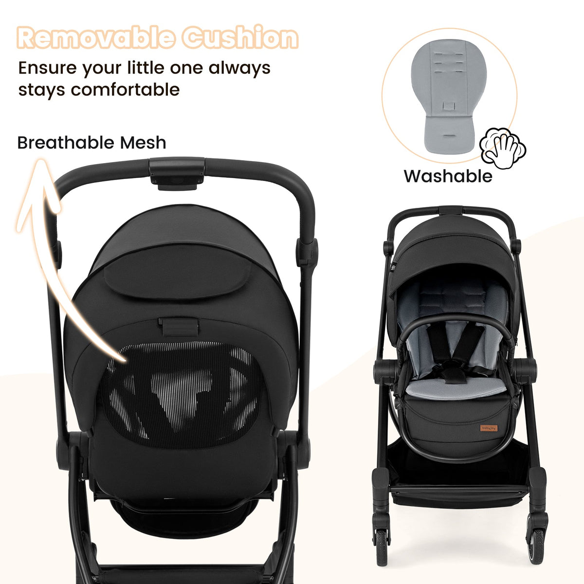 Foldable Infant Pram Stroller with Reversible Seat Reclining Backrest