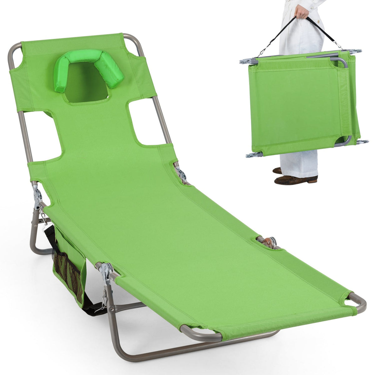 Folding Beach Lounge Chair with Adjustable Backrest for Lawn