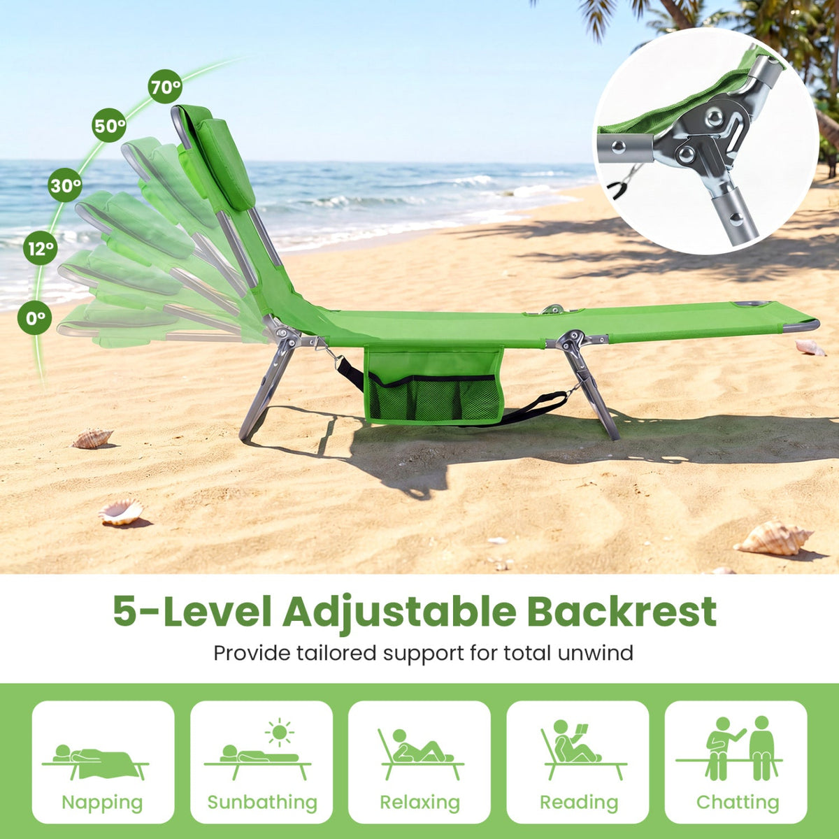 Folding Beach Lounge Chair with Adjustable Backrest for Lawn