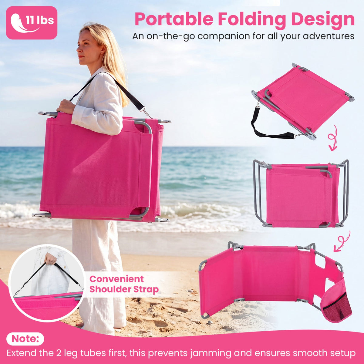 Folding Beach Lounge Chair with Adjustable Backrest for Lawn