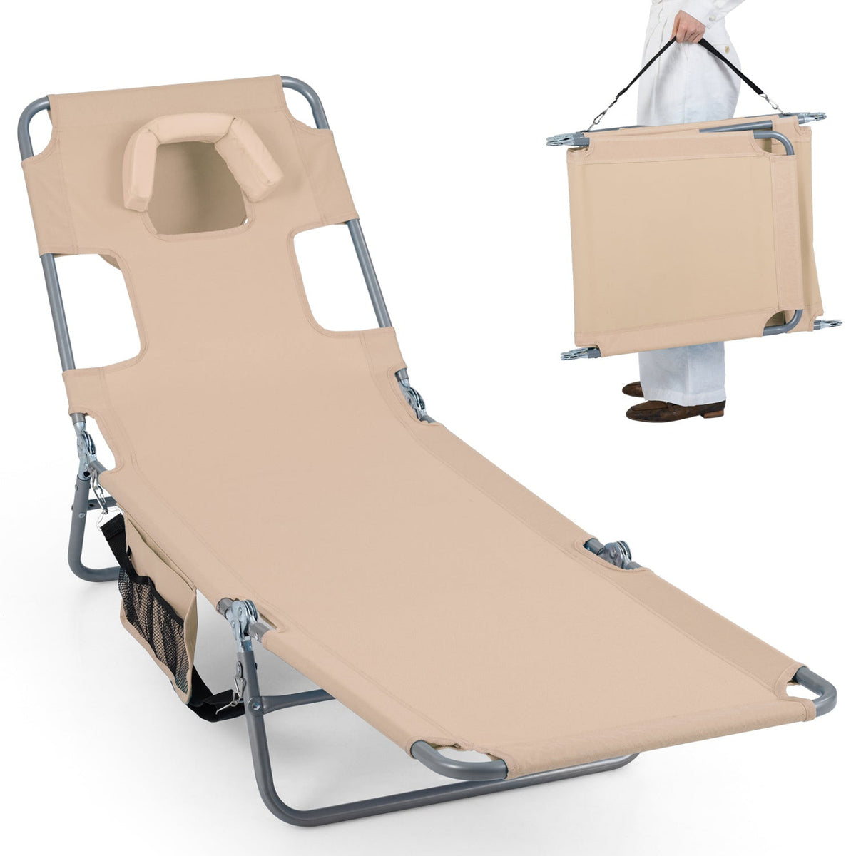 Folding Beach Lounge Chair with Adjustable Backrest for Lawn