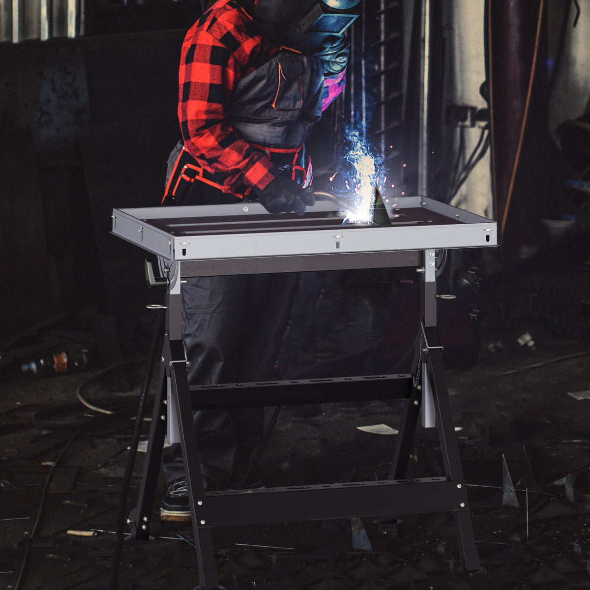 Folding Welding Table Welding Workbench with 2 Fixed Wheels 4-Level Height