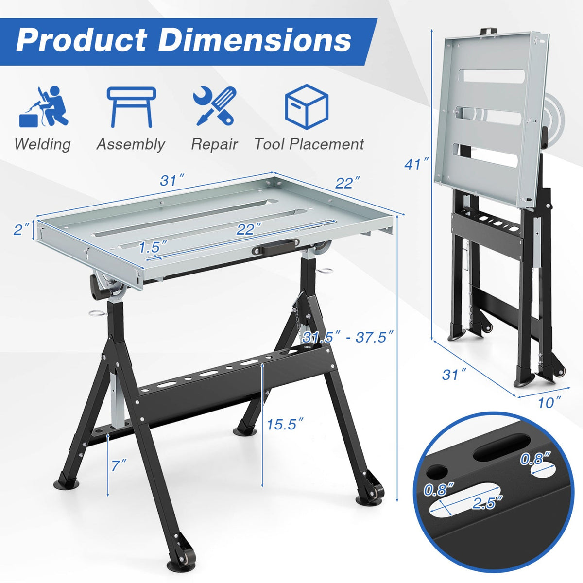 Folding Welding Table Welding Workbench with 2 Fixed Wheels 4-Level Height
