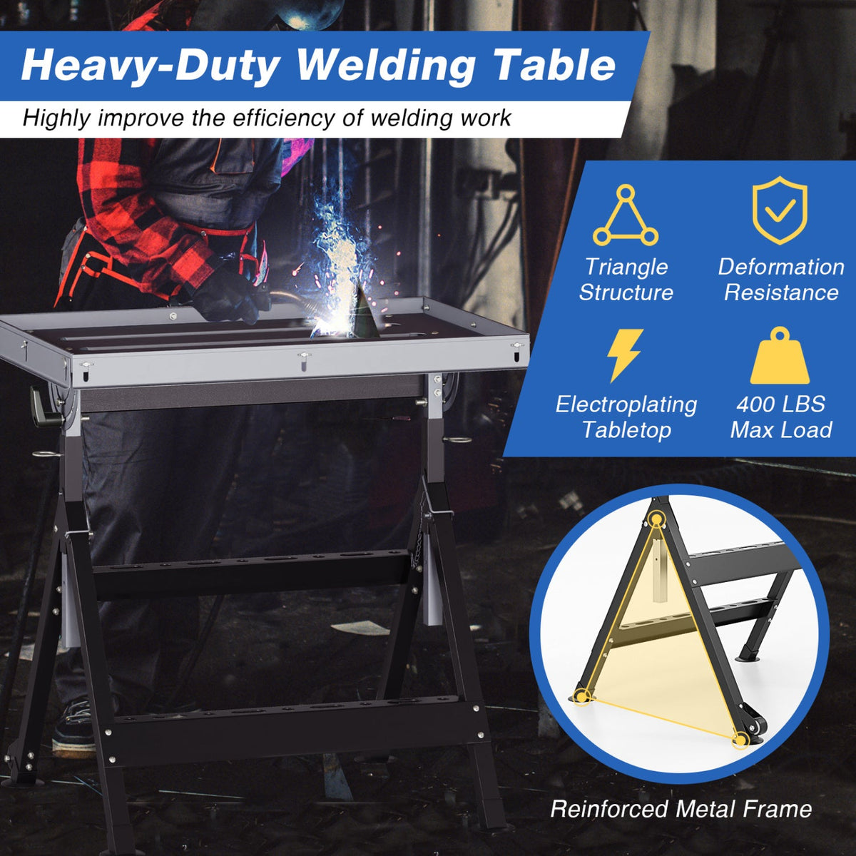 Folding Welding Table Welding Workbench with 2 Fixed Wheels 4-Level Height