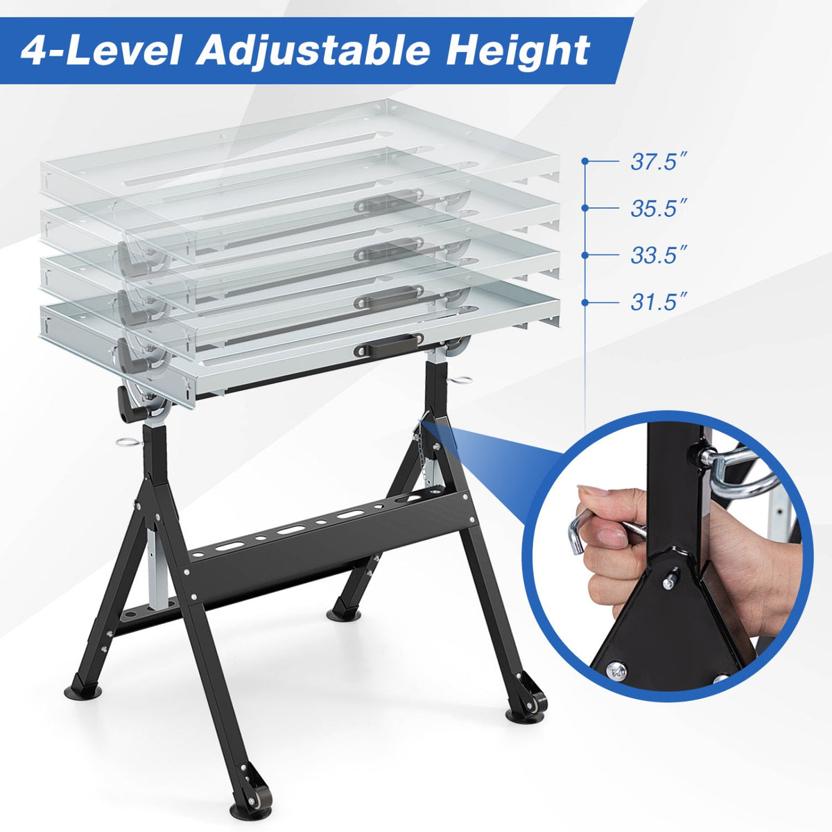 Folding Welding Table Welding Workbench with 2 Fixed Wheels 4-Level Height