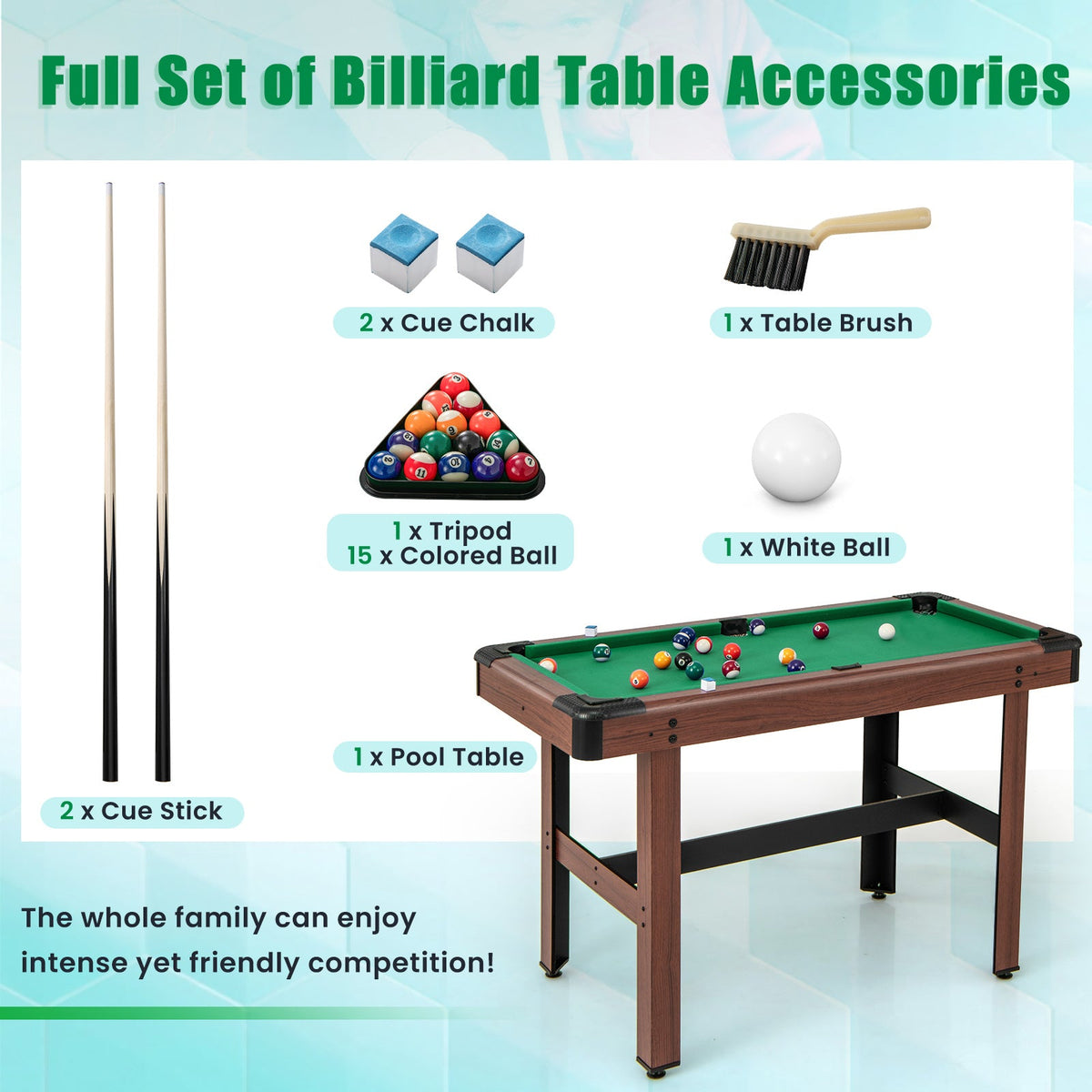 48 Inch Pool Wooden Game Table with Full Set of Ballsfor Kids and Adults