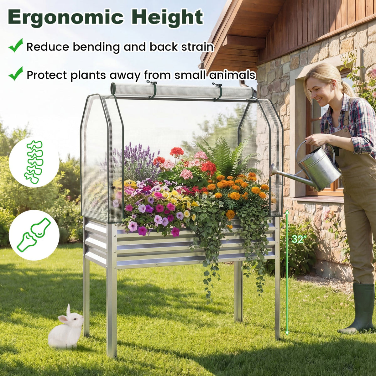 Galvanized Raised Garden Bed with Legs and Greenhouse Cover for Vegetable Flower