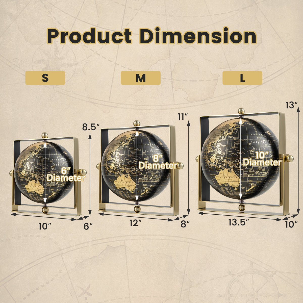 Geographic 6/ 8/ 10 Inch World Globe with Clear Printing and Square Frame