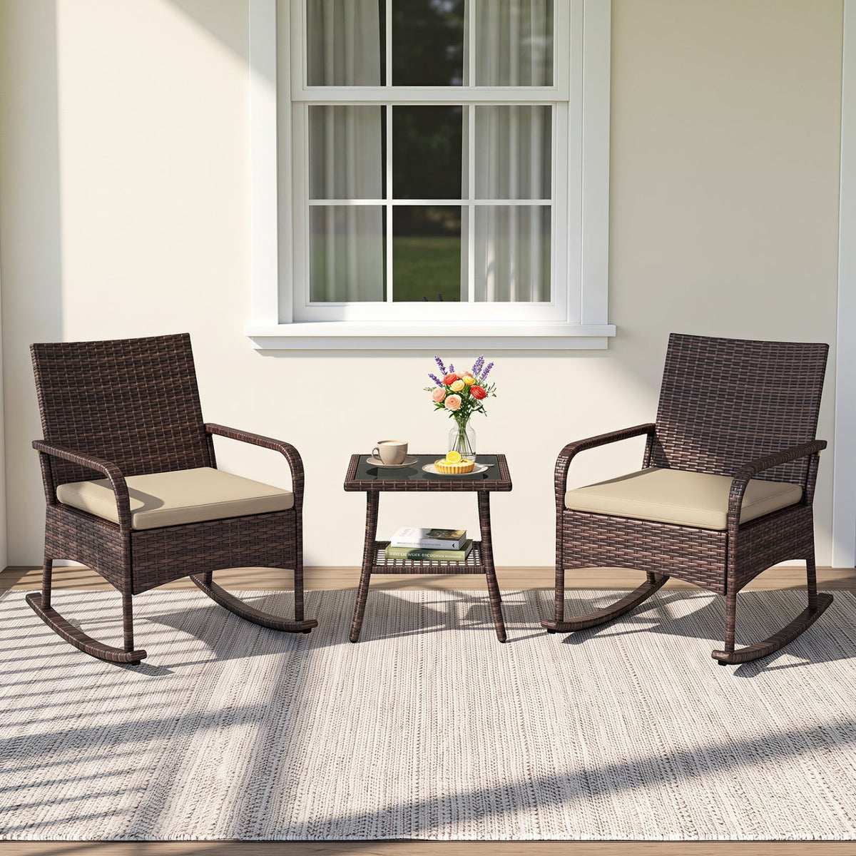 3-Piece Rocking Bistro Set with Cushions & Side Table