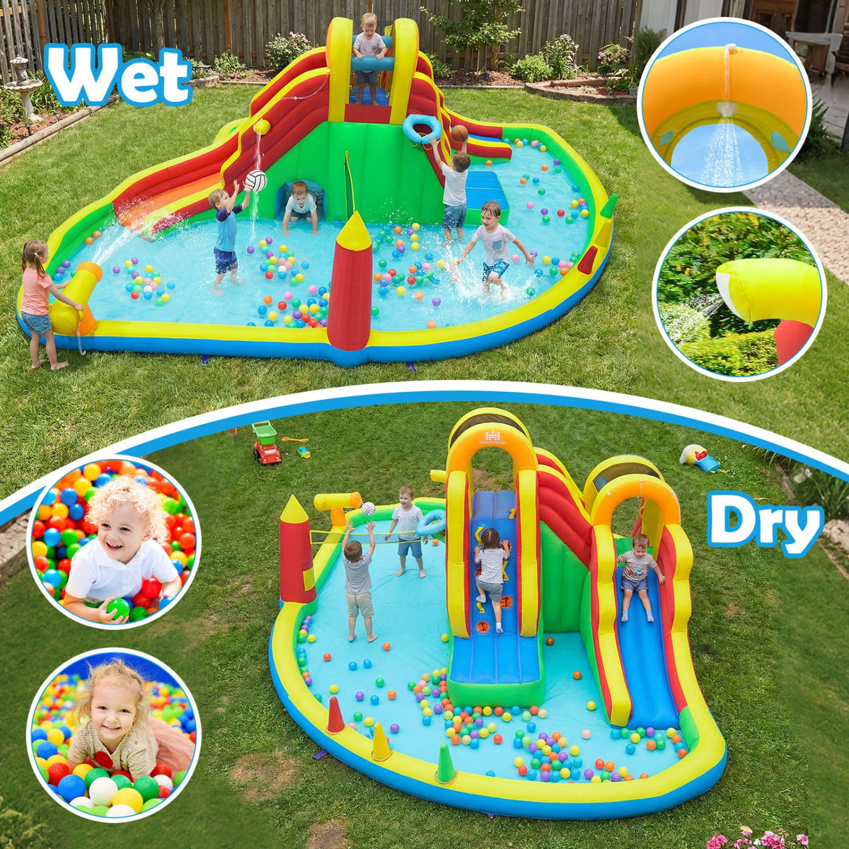 Inflatable Water Slide Park with 2 Long Slides and Climbing Walls for Yard Party