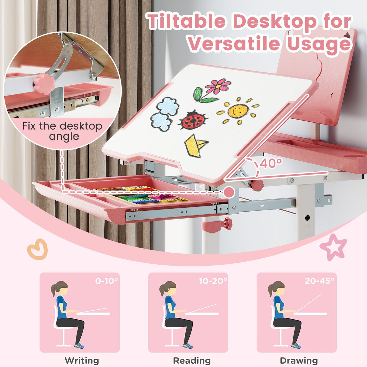 Kid's Study Desk and Chair Set with Tilt Desktop and Book Stand