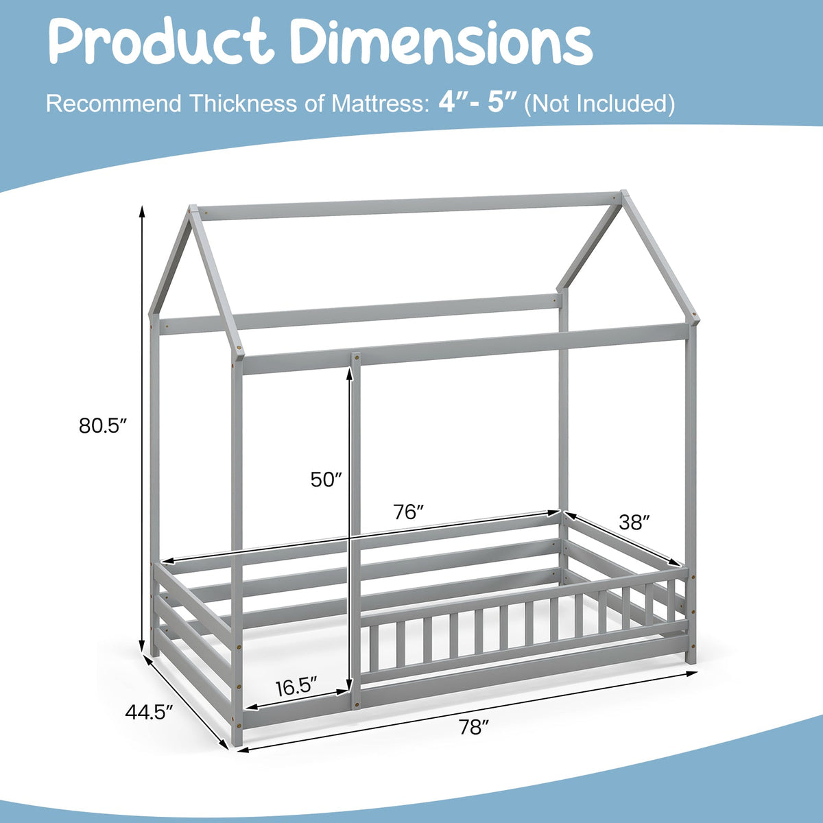 Twin Size Kids House Bed Wooden Floor Bed with Roof and Full-length Safety Guardrail