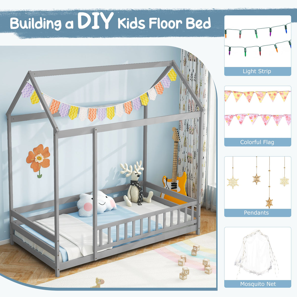 Twin Size Kids House Bed Wooden Floor Bed with Roof and Full-length Safety Guardrail