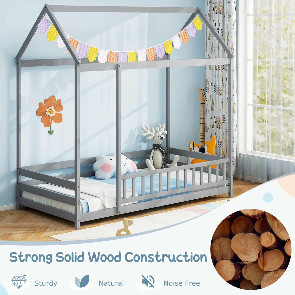 Twin Size Kids House Bed Wooden Floor Bed with Roof and Full-length Safety Guardrail