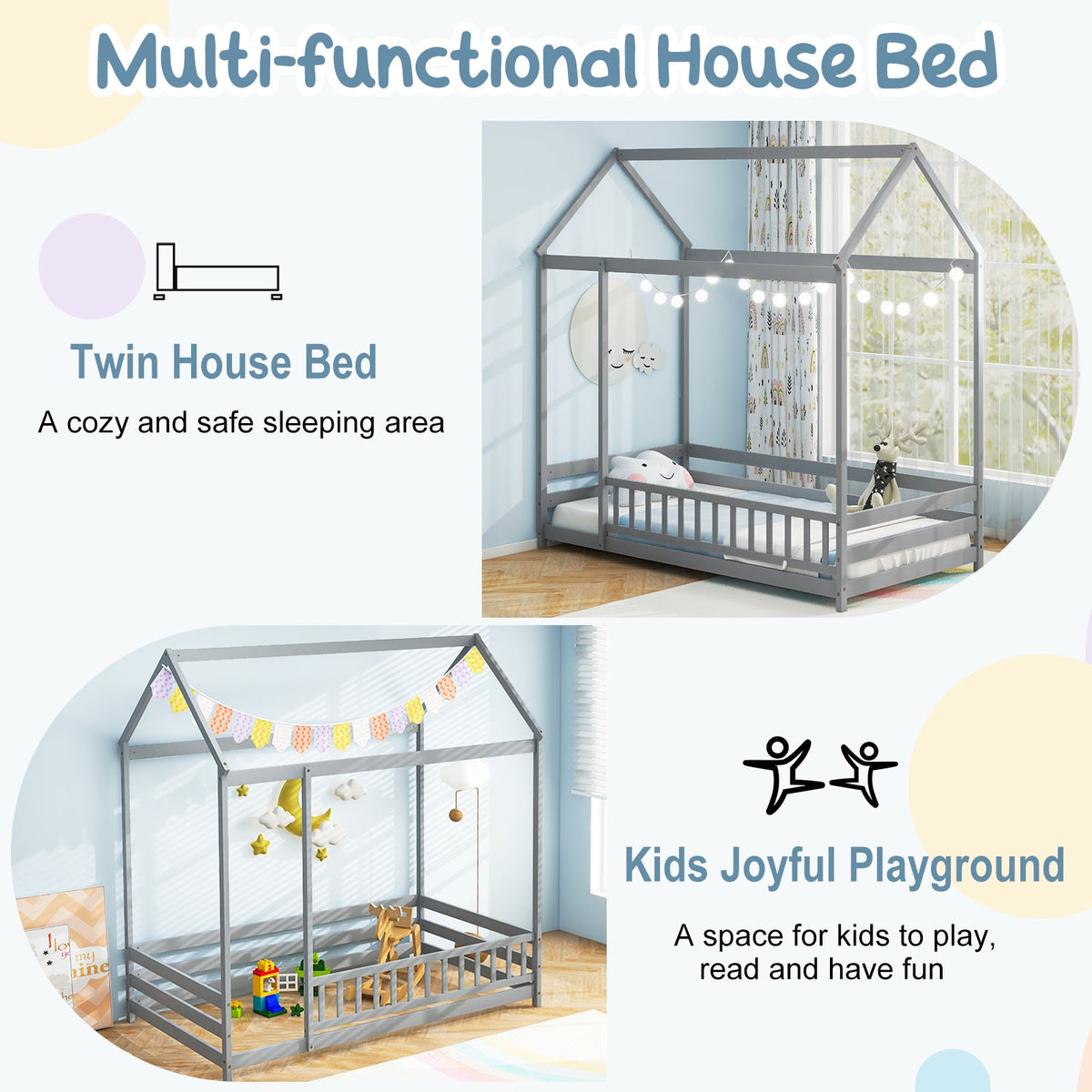 Twin Size Kids House Bed Wooden Floor Bed with Roof and Full-length Safety Guardrail